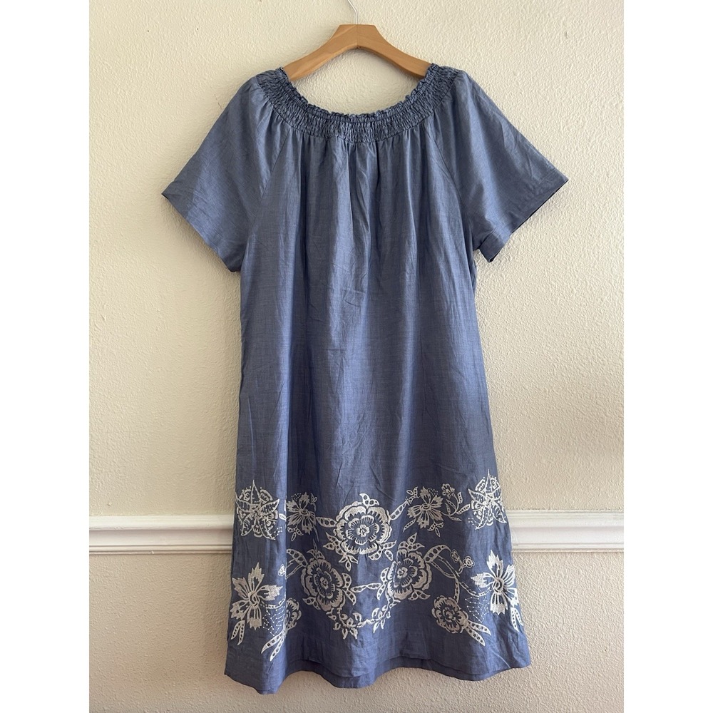 Talbots Blue Cotton Chambray Dress 16 XL Smocked Neck Floral Embroidered Hem - Picture 2 of 7